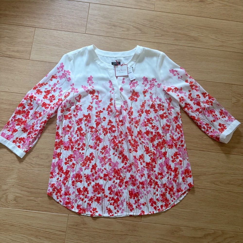 NWT Talbots Blouse Womens Large White Red Pink Floral Split Neck 3/4 Sleeve Top